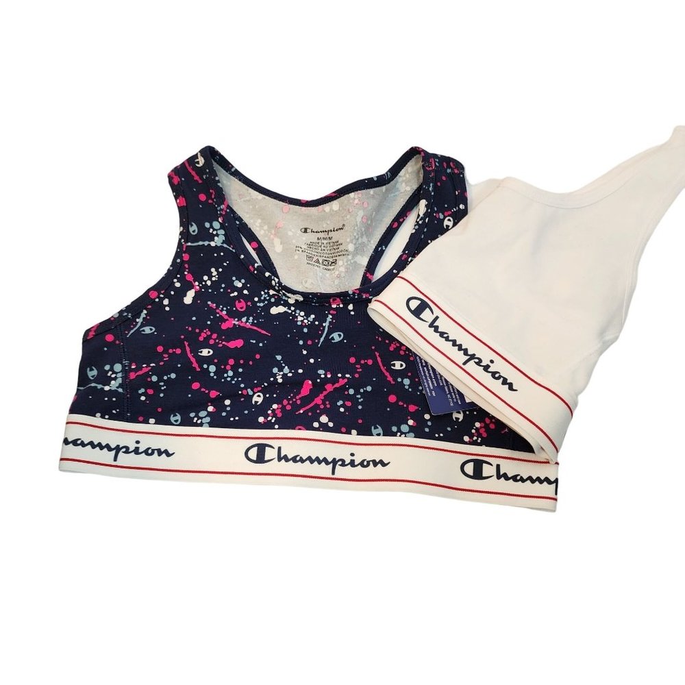 TWO Champion Racer Back‎ Bralettes.  Size Medium.  Blue & White Sports Bra. NWT